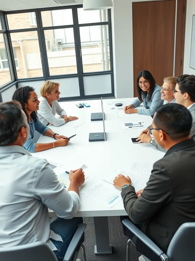 A diverse group of Indian professionals participating in a leadership training session, actively engaged in a group discussion, with a focus on collaborative problem-solving and strategic decision-making.