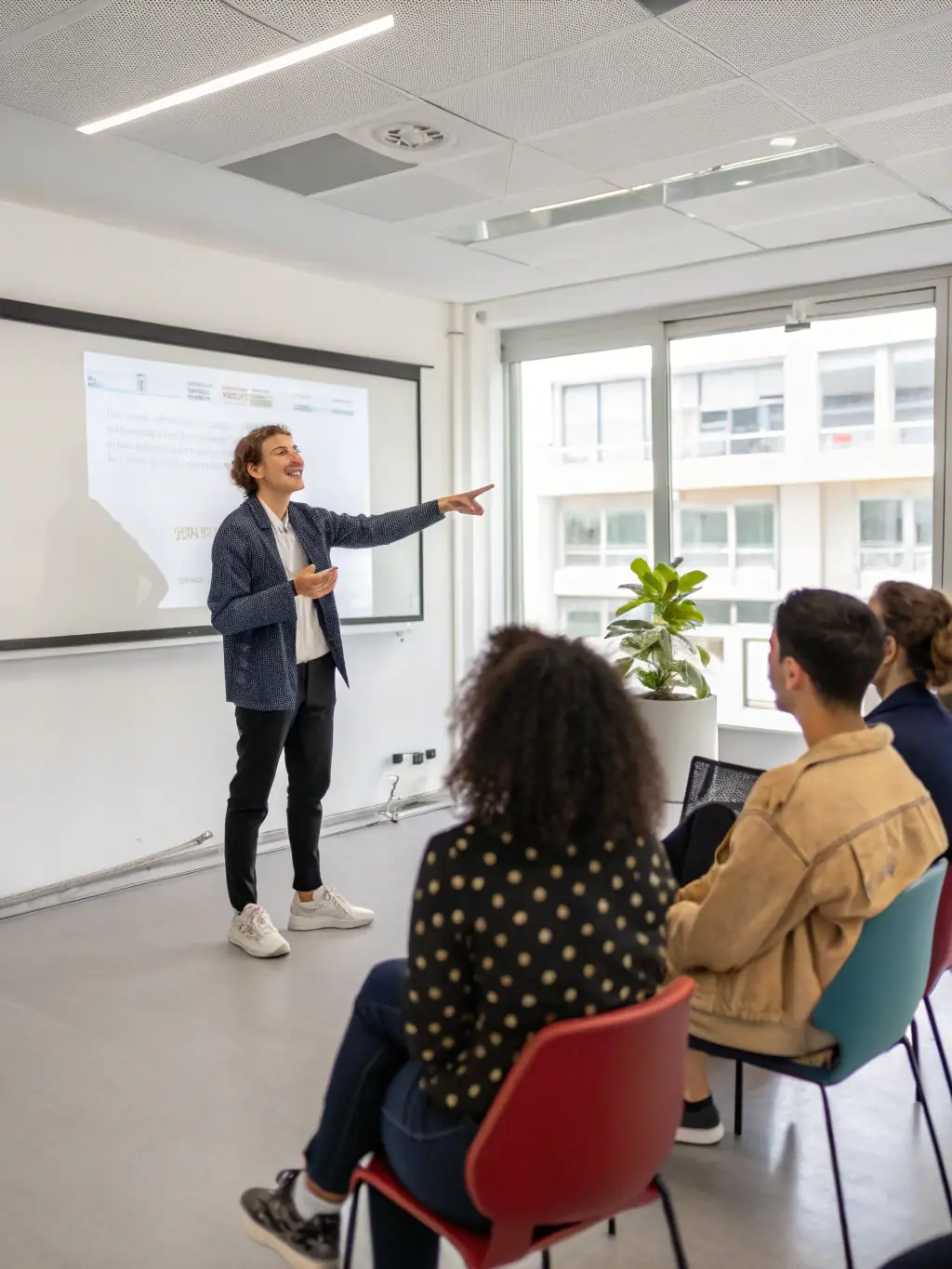 An Indian professional confidently delivering a presentation, demonstrating improved communication skills and the ability to engage and persuade an audience.